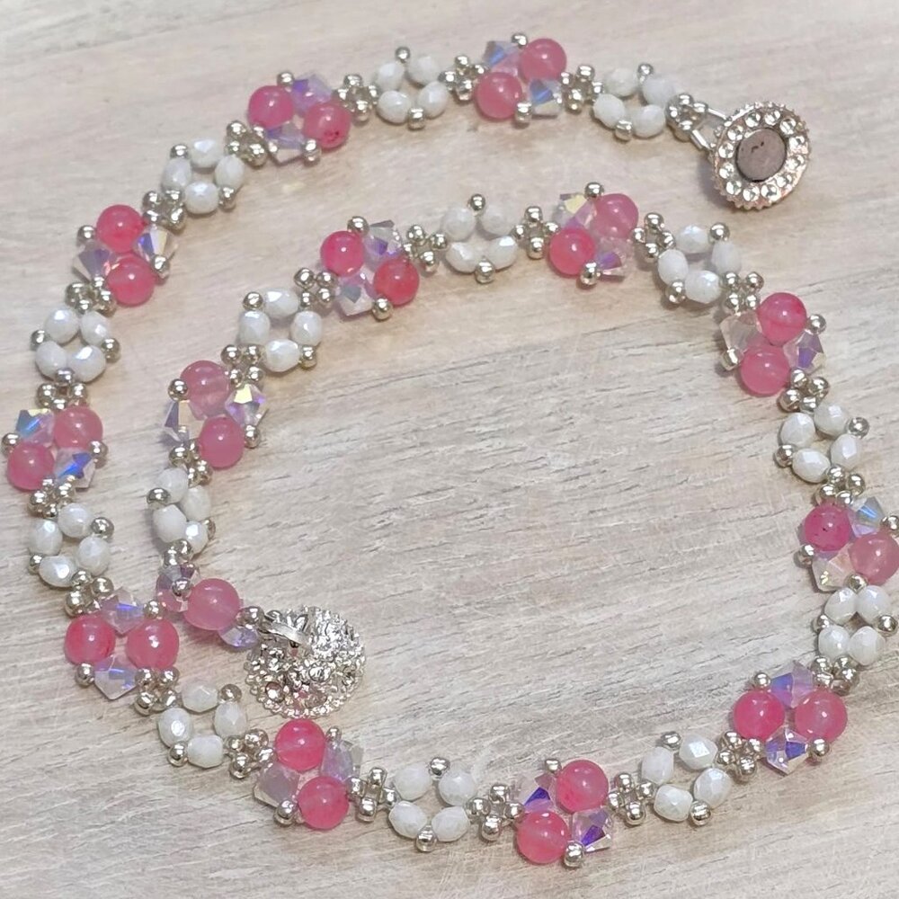 Handmade crystal wrap bracelet, used as choker necklace,white, pink agate crysta